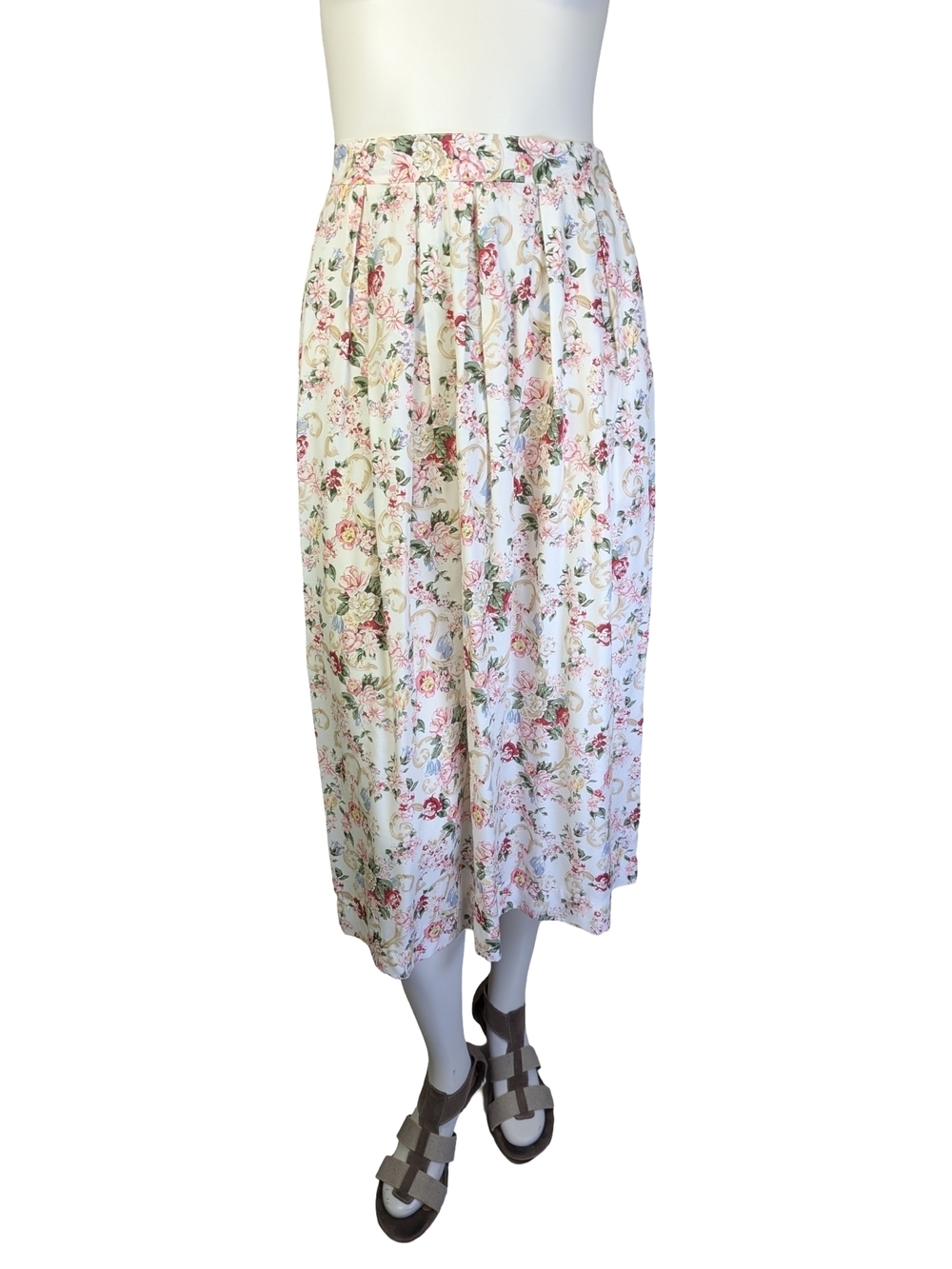 Vintage 80s Susan Bristol Floral Midi Skirt Pockets Made In Canada | Fits M/L